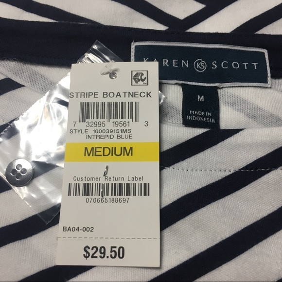 Karen Scott Boatneck Diagonal Stripes Naval Short Sleeve Top White Navy Medium - Picture 3 of 6